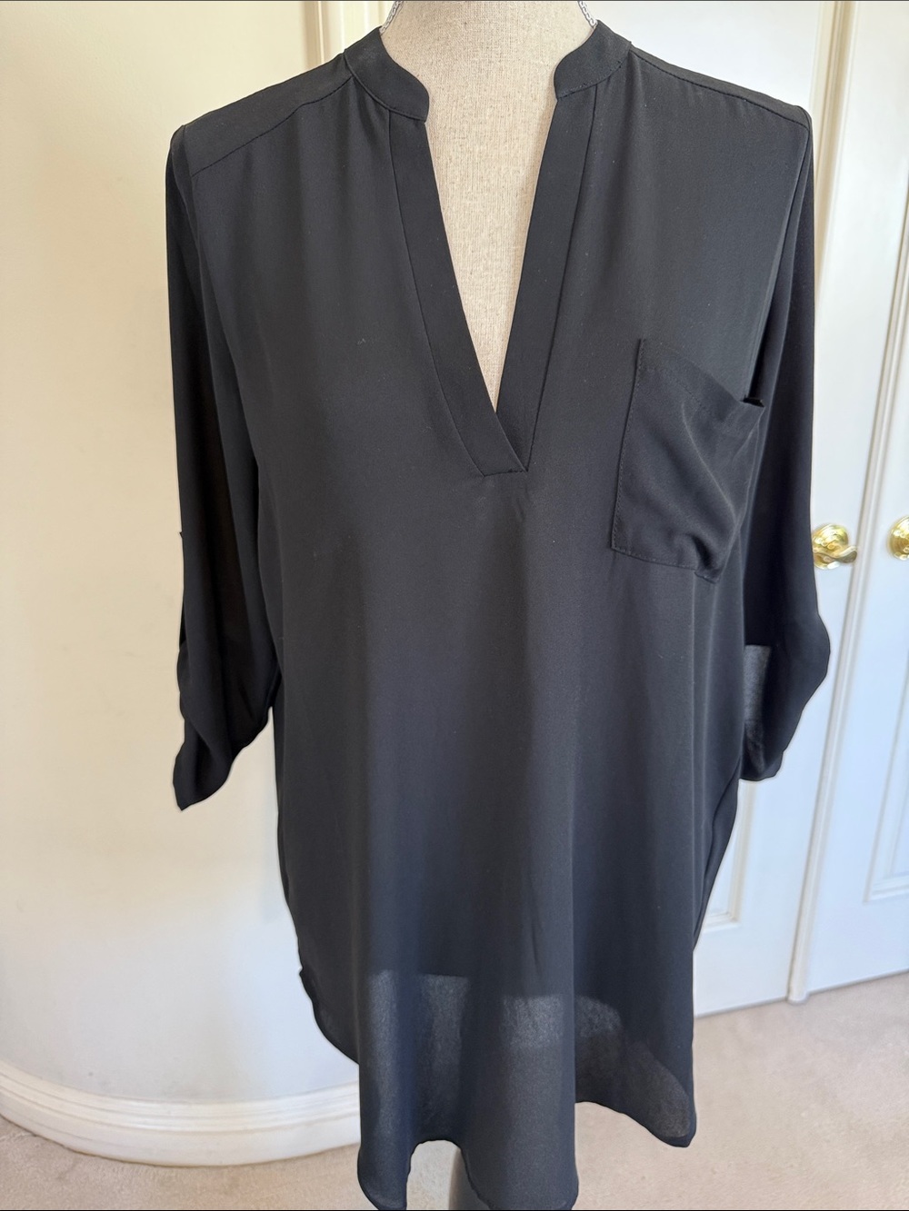 Lush Black V-Neck Roll-Sleeve Blouse